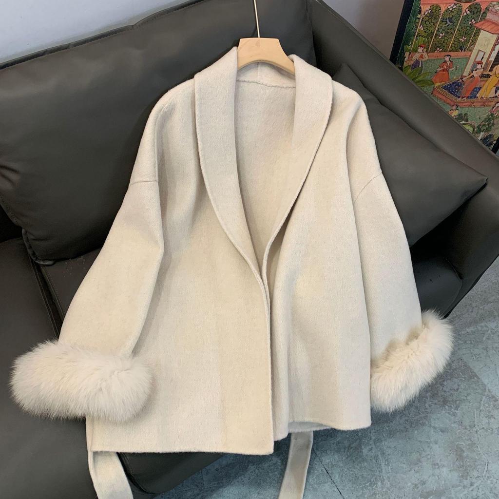 2025 Women's Short Fox Fur Wool Coat - Double-Sided Bathrobe Style