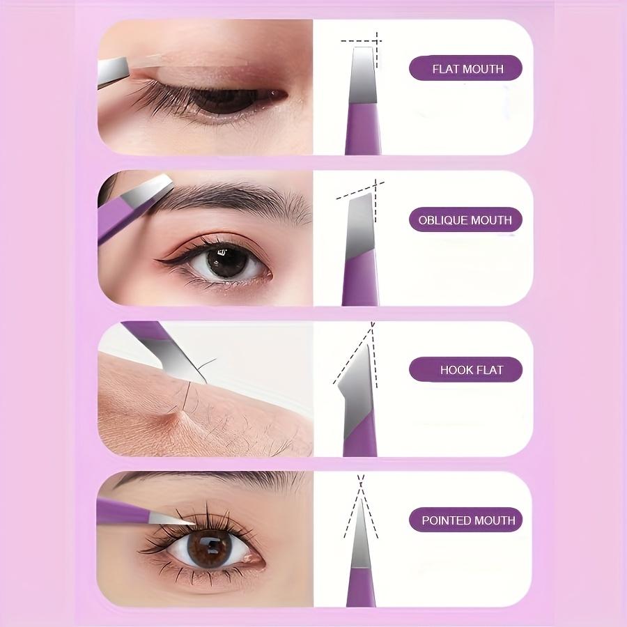 4-Piece Stainless Steel Tweezers Set Grooming Kit for Eyebrow Shaping, Beard Hair Removal & Eyelash Extension, Purple Case