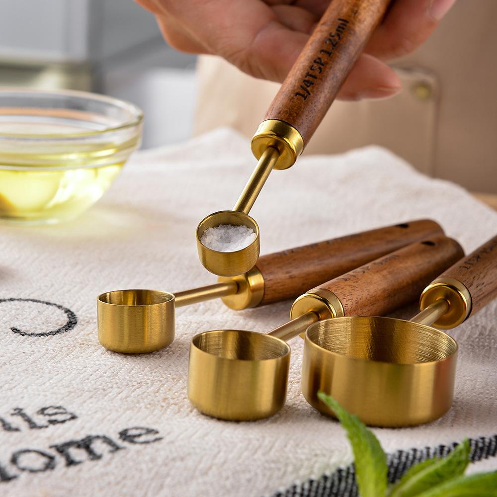 8Pcs Baking Tools Measuring Spoon Wooden HandleStainless Steel Measuring Cup with Wooden Handle,