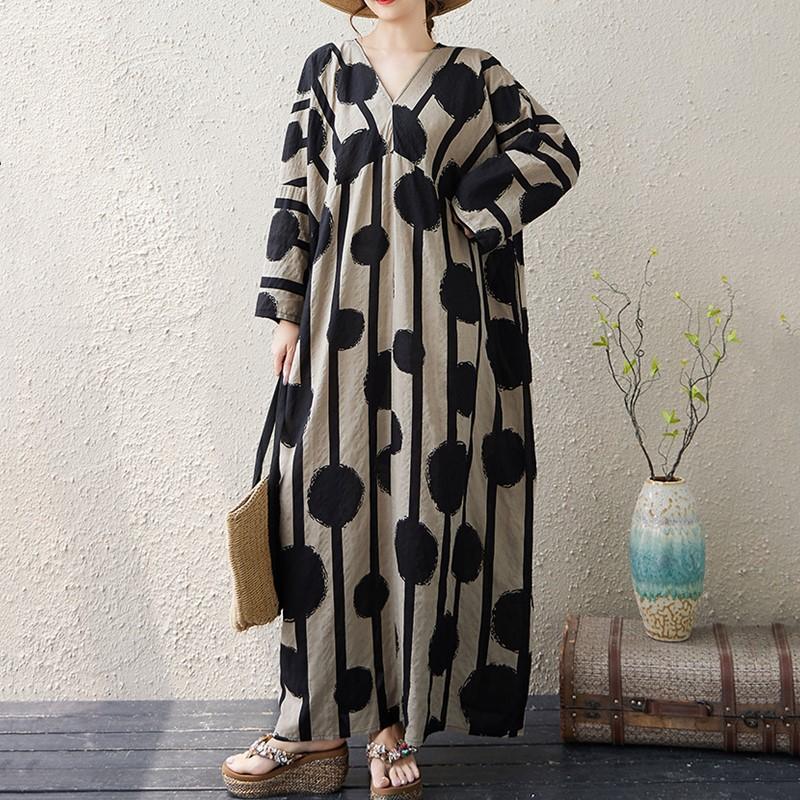 Long Sleeve Plus Size Cotton Vintage New In Dresses for Women Casual Loose Maxi Spring Autumn Dress