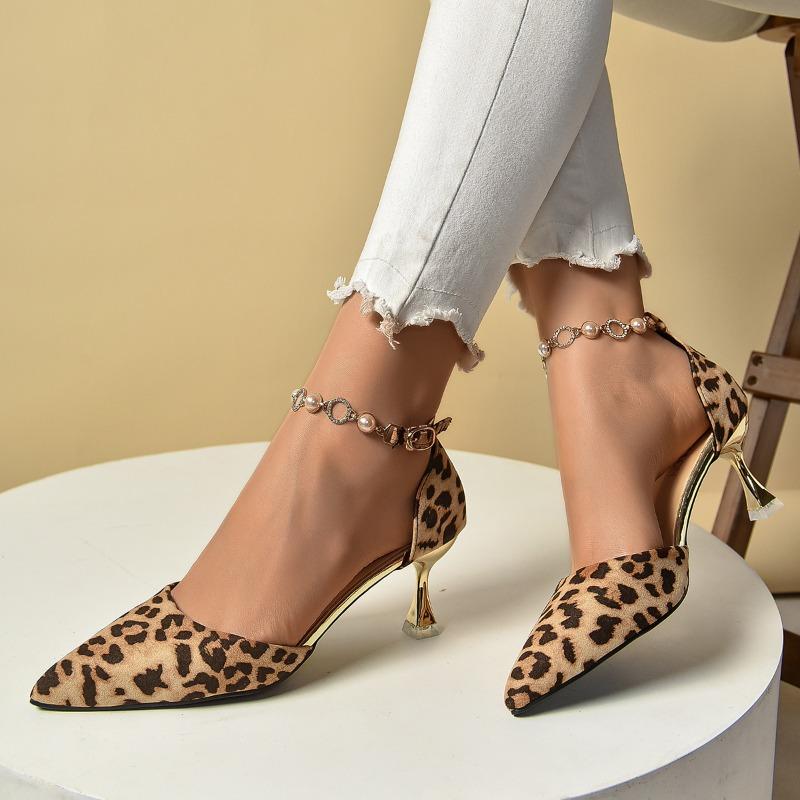 Fashion Leopard Print High Heels Women's Spring and Autumn New Pointed Toe Shallow Mouth One Belt Stiletto Single Shoes