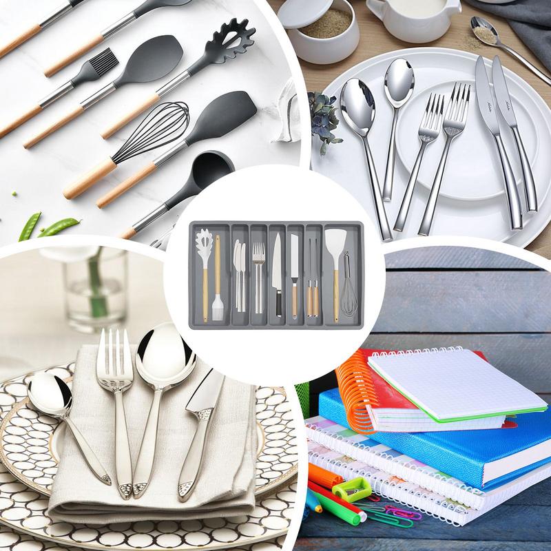 Cooking Utensil Drawer Organizer Multifunctional Silicone Cooking Utensil Rack 7-Compartment Gray Storage Box Drawer
