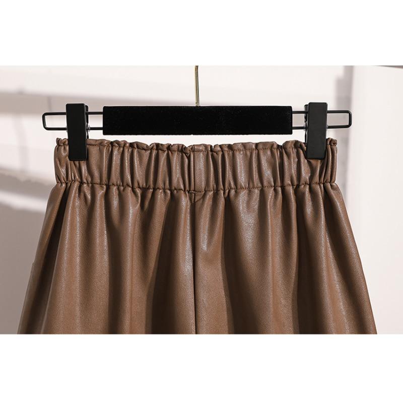 DIMANAF 2024 Übergröße Herbst Winter Shorts Damen Lässig Uni Neu PU Leder Locker Weites Bein Hosen Hohe Taille Kurze Hosen