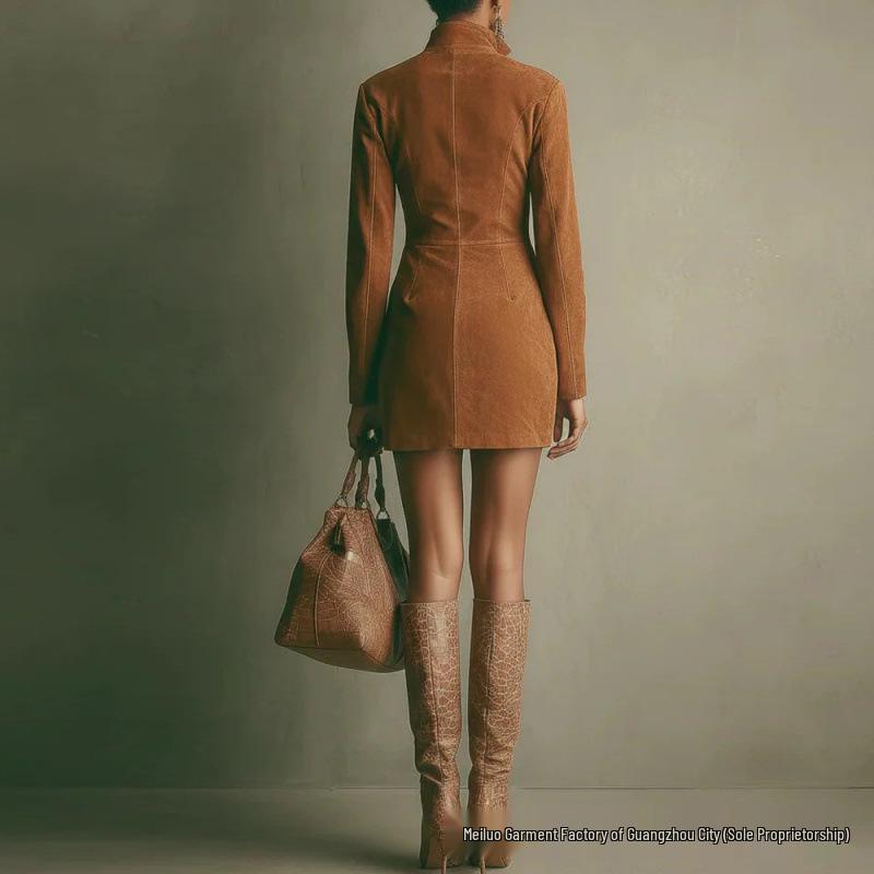 2025 Autumn/Winter European & American Women's Suede French Zipper Dress with Long Sleeves and Short Skirt