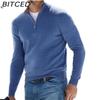 BITCED Maglia Polo Casual da Uomo Autunnale a Manica Lunga con Scollo a V e Fodera in Pile con Zip