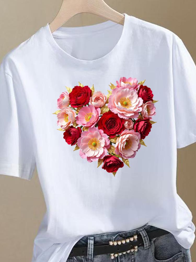 (Asian Size) Trend Flower Sweet Clothing Top Short Sleeve Graphic T-shirts Print Female T Shirt Woman Women Fashion Tee