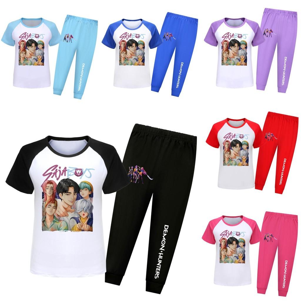 Hunters Kpop Demon Saja Boys Pattern Short Sleeved Shirt Long Pants Suit Pajama