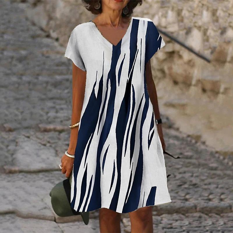 3D Peacock Floral Print Dresses For Summer Women Fashion Short Sleeve V-Neck Loose Dress Vintage Oversized Ladies Dress