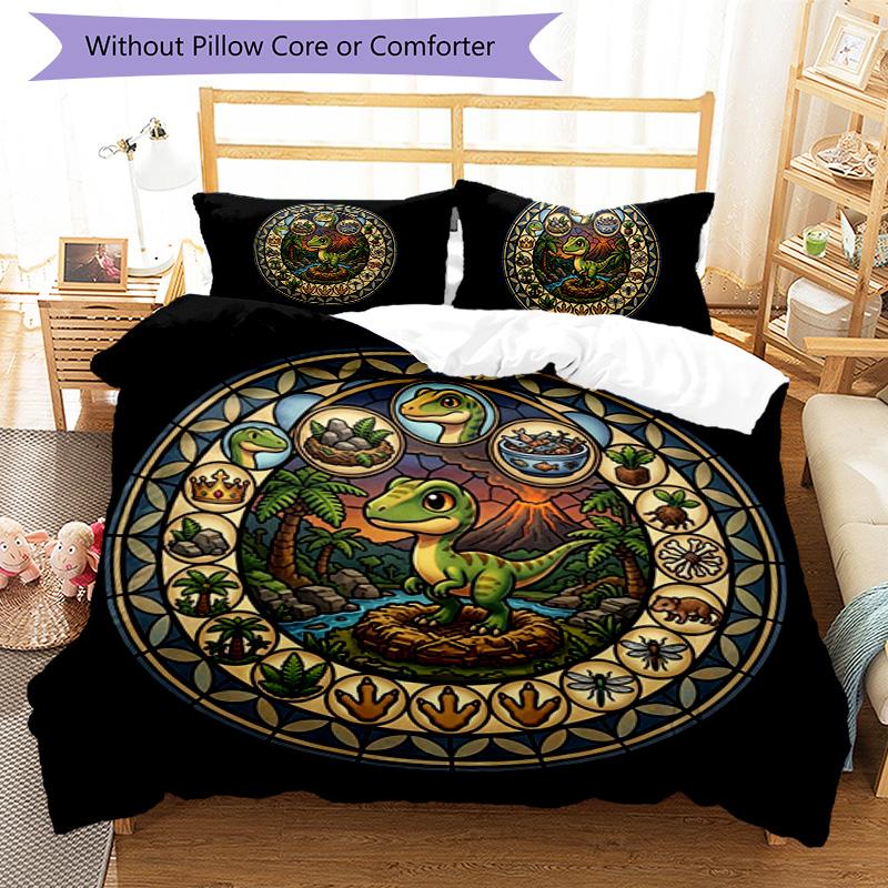 Dinosaur Glass Scene Pattern Bedding,Quilt Set Quilt Cover Pillowcase Home Birthday Gift (1*duvet cover+2*pillowcase,without core)