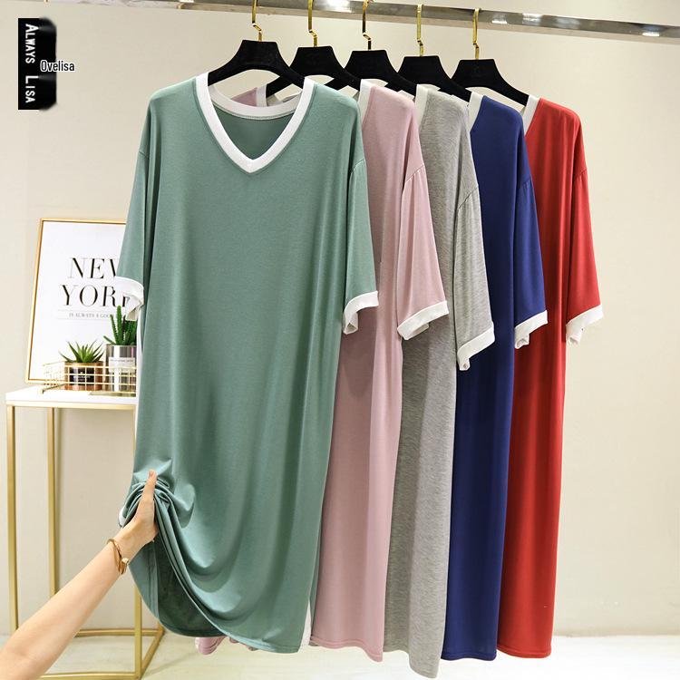 Women's Loose V-Neck Short-Sleeve Summer Nightdress - European & American Style, Modal Fabric, Long Swing Skirt