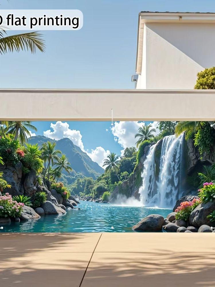 1pc Garage door sign featuring tropical waterfall and floral scenery. 2d flat printing vivid outdoor decoration.