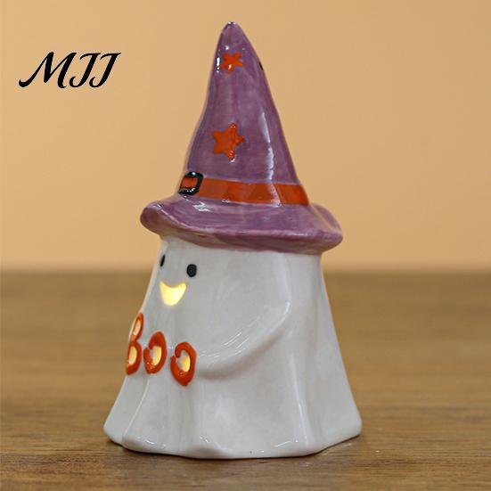 Small Ceramic Halloween Figurine Tealight Holder, Lighted Ghost Pumpkin with Cute Room Decoration Witch Hat, Tiered Tray Tabletop Decor for