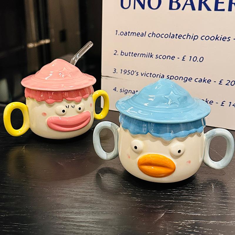 Ceramic Milk Mug with Lid And Straw 400ml Funny Cartoon Animal Water Cup with Double Handle Holiday Gift