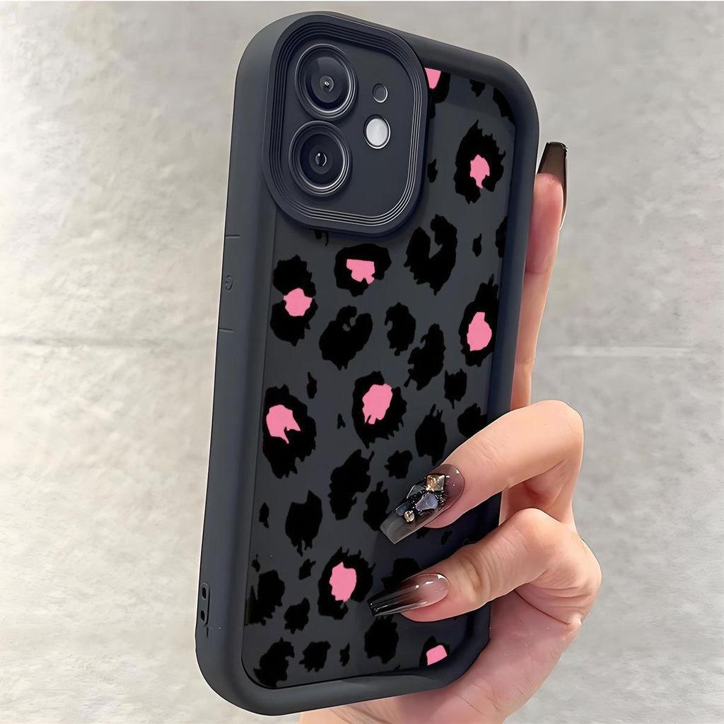 Pink Leopard Print iPhone 14/15/16/17 Pro Max Protective Black Case