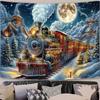 Vintage Christmas Train Tapestry Wall Hanging Steam Locomotive Snowy Village Moon Aesthetic Wall Art Living Room Decor
