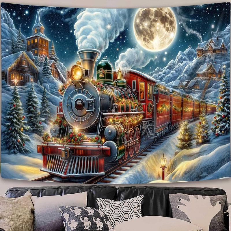 Vintage Christmas Train Tapestry Wall Hanging Steam Locomotive Snowy Village Moon Aesthetic Wall Art Living Room Decor