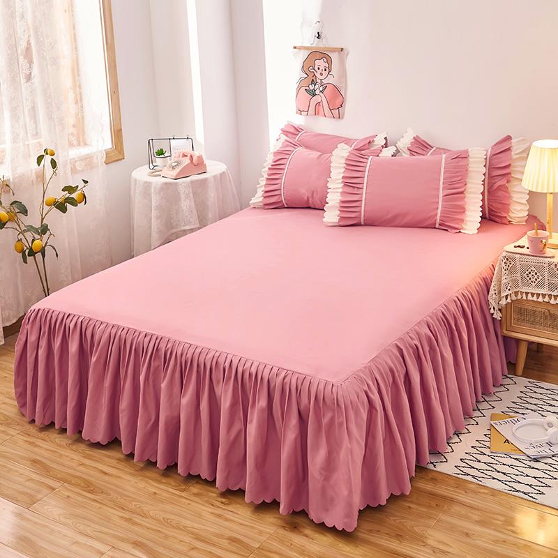 Solid Color Bed Skirt Set 3Pcs Ruffles Bed Skirt with 2 Pillowcases Romantic Queen Size Bedding Set Girls Princess Room Decor