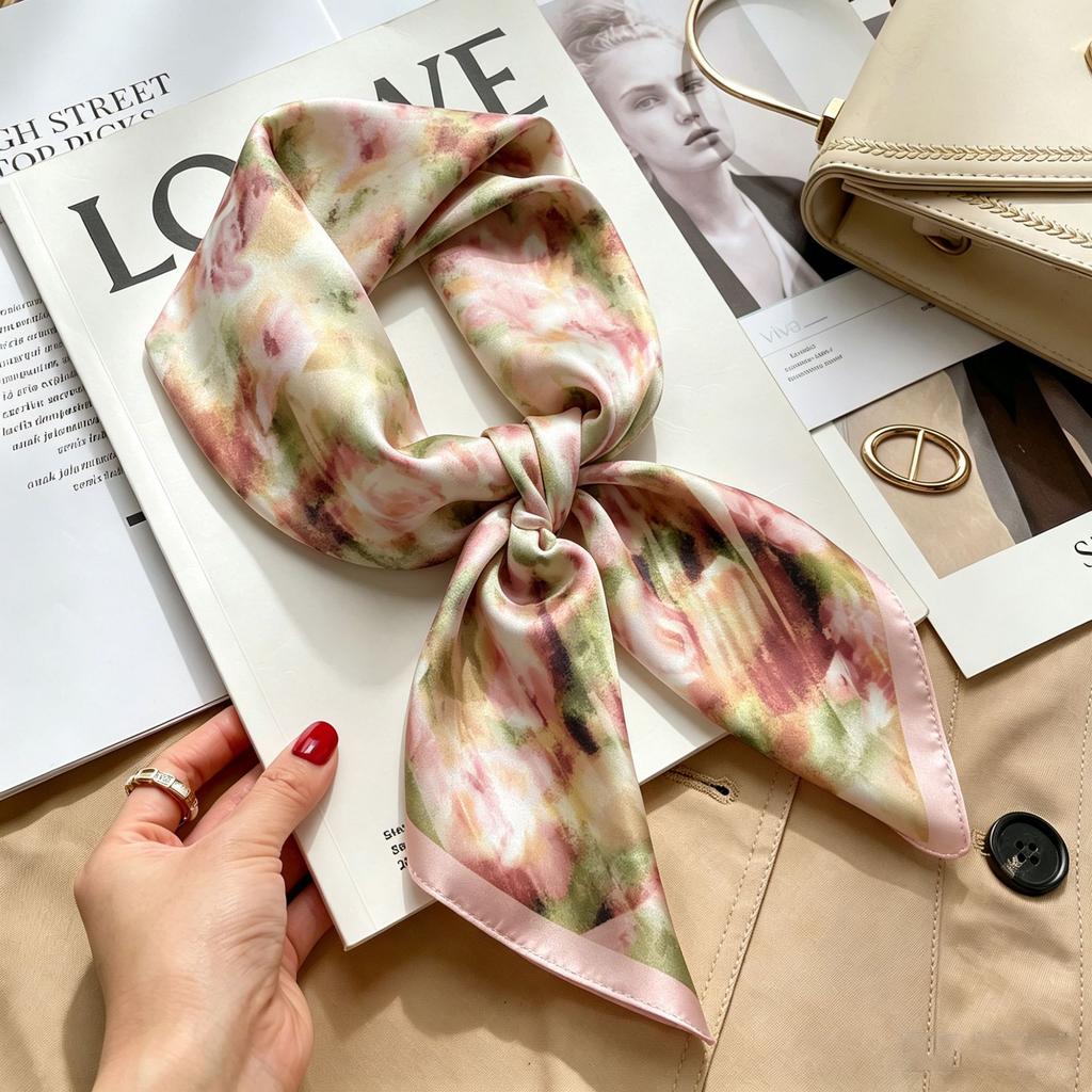 Simple temperament Spring and summer female imitation silk scarf versatile Korean version casual small square scarf neck protection decorative scarf