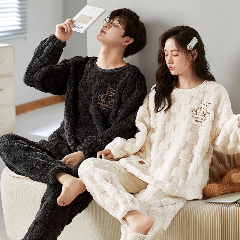 Couples' Cozy Flannel Pajama Set: Women's Plus Velvet, Men's Loose Fit, Warm Coral Fleece Homewear