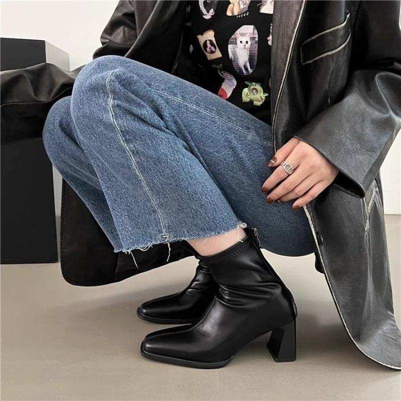 High Heel Skinny Boots Autumn New Square Toe Back Zipper Anti-slip Wear-resistant Block Heel Short Boots