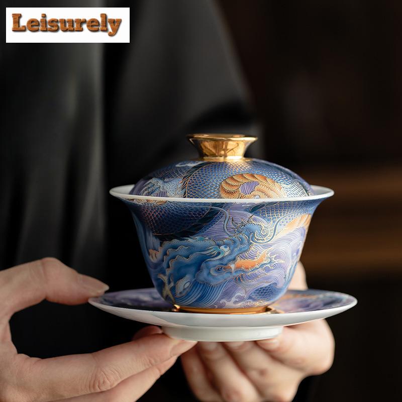 130ML Sheep Fat Jade Porcelain Gaiwan Enamel Colored Blue And White Dragon Palace Tea Tureen Tea Brewing Cover Bowl Tableware