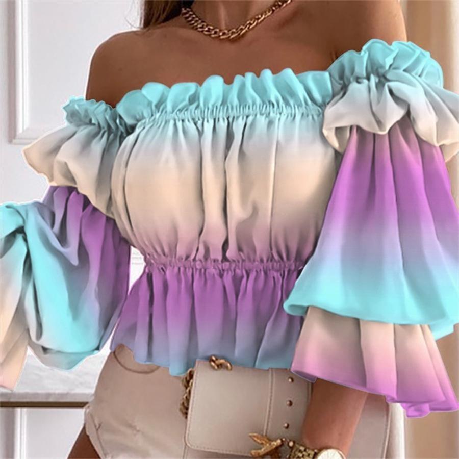 Sleeve Summer Neck Short Slash Dot Tie Dye Blouse Womens Ruffles Floral Print Crop Tops