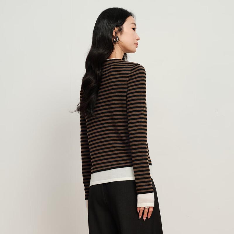 Elva' Island Women's Coffee Stripe Faux Two-Piece Knit Sweater