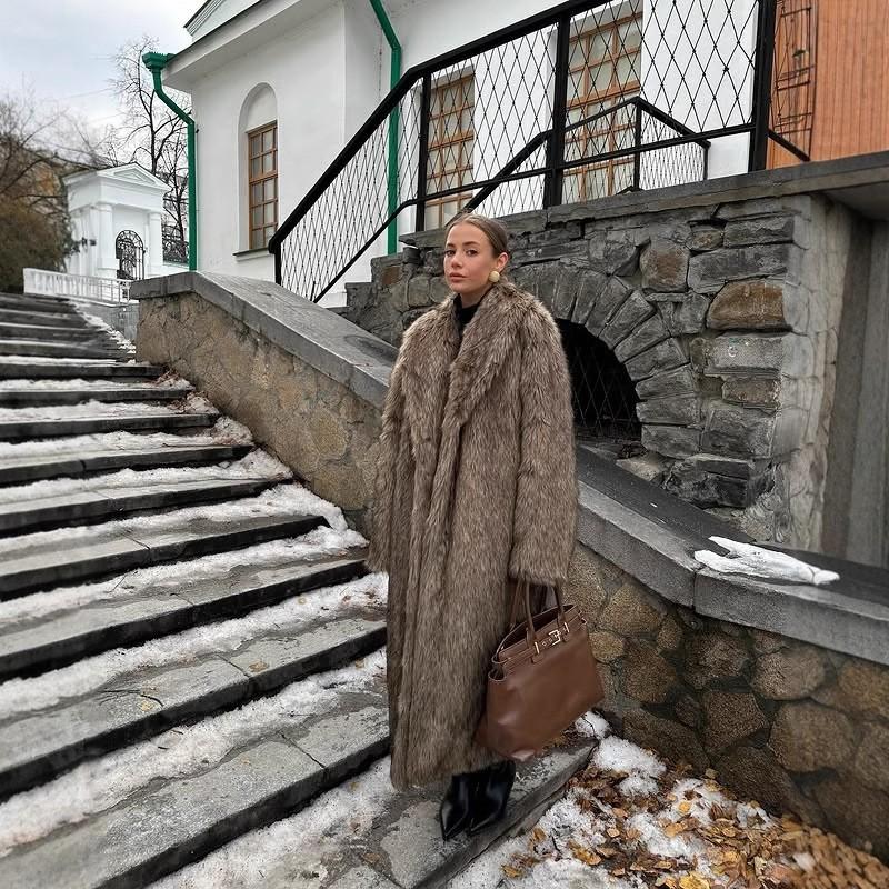 Womens Long Faux Fur Coat In Coffee Brown Plus Size Warm Winter Outerwear With Shawl Collar