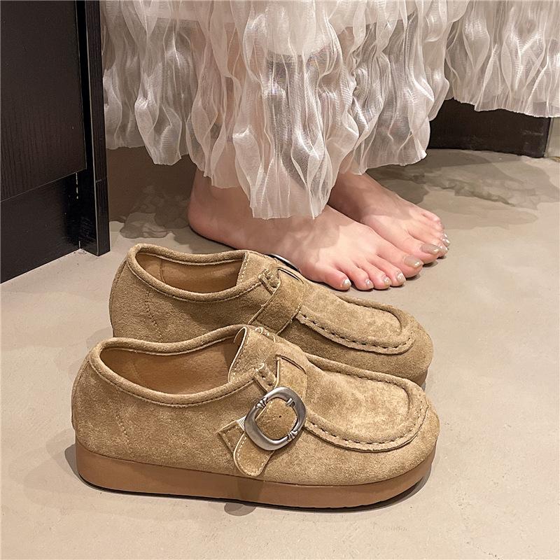 

Замшевые туфли на толстой подошве 2025 повседневные осенние новинки во французском стиле ретро обувь Boken женские туфли-бини на мягкой подошве женские 35 хаки