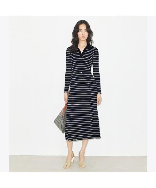 Tolibeochi Cotton Knit Polo Dress - Navy Classic Shirting Stripe S