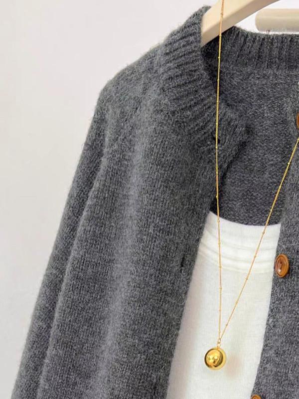 Women's Pumpkin-Colored Pure Wool Round-Neck Knitted Cardigan: Short, Thick Sweater for Autumn and Winter