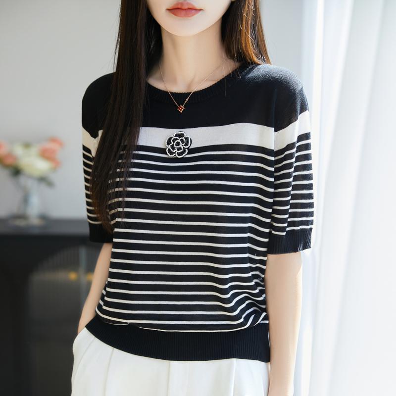 Women Knit T-shirt MODERN NEW SAGA Summer Knitted Shirt Short Sleeve Tees O-neck Patchwork Pullover Knit Tops