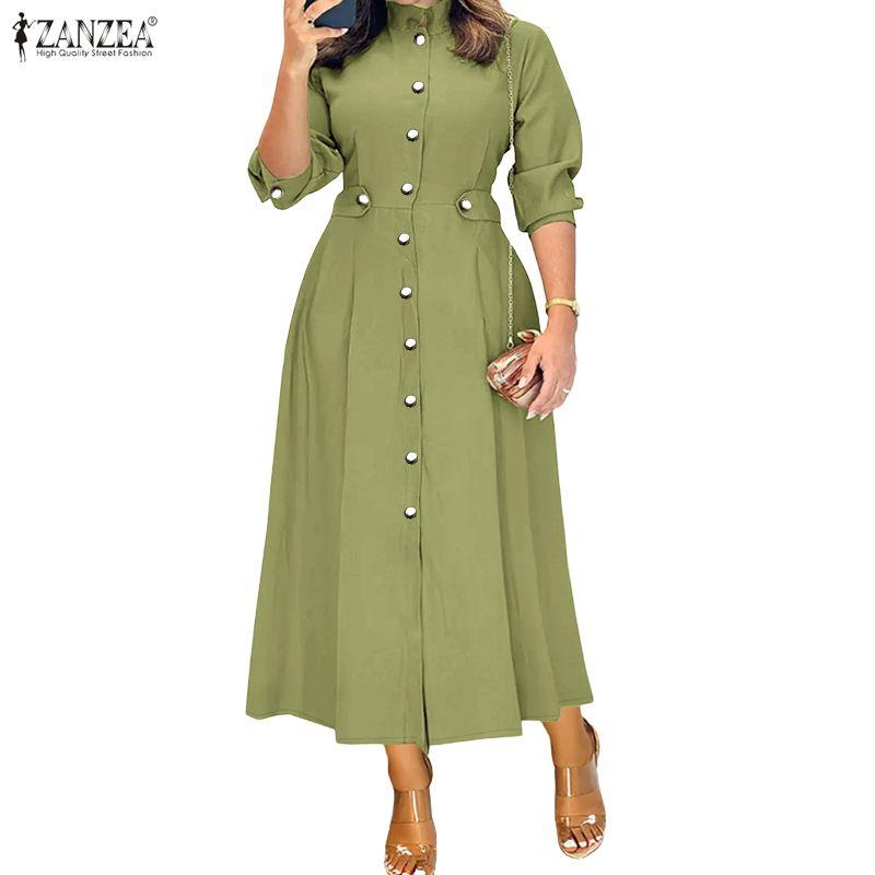 ZANZEA Women Elegant Casual Stand Collar Long Sleeve Plain Dress