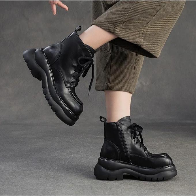 Johnature Genuine Leather Thick Soled Ankle Boots Retro Round Toe Side Zipper Women's Short Boots