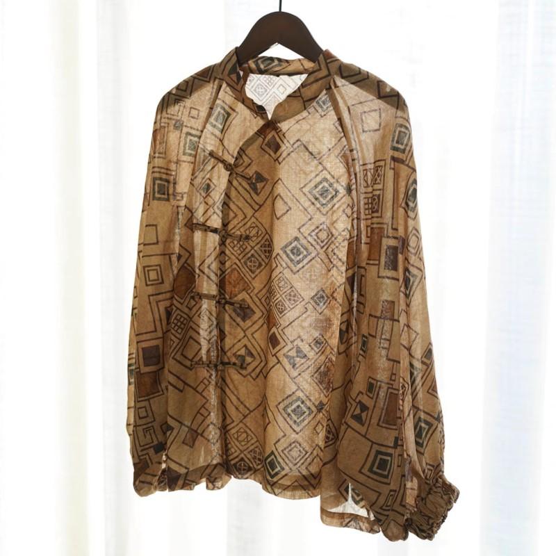 Johnature Women Vintage Shirts Plaid Stand Bat Sleeve Blouses Spring Button Chinese Style Loose Button Shirts