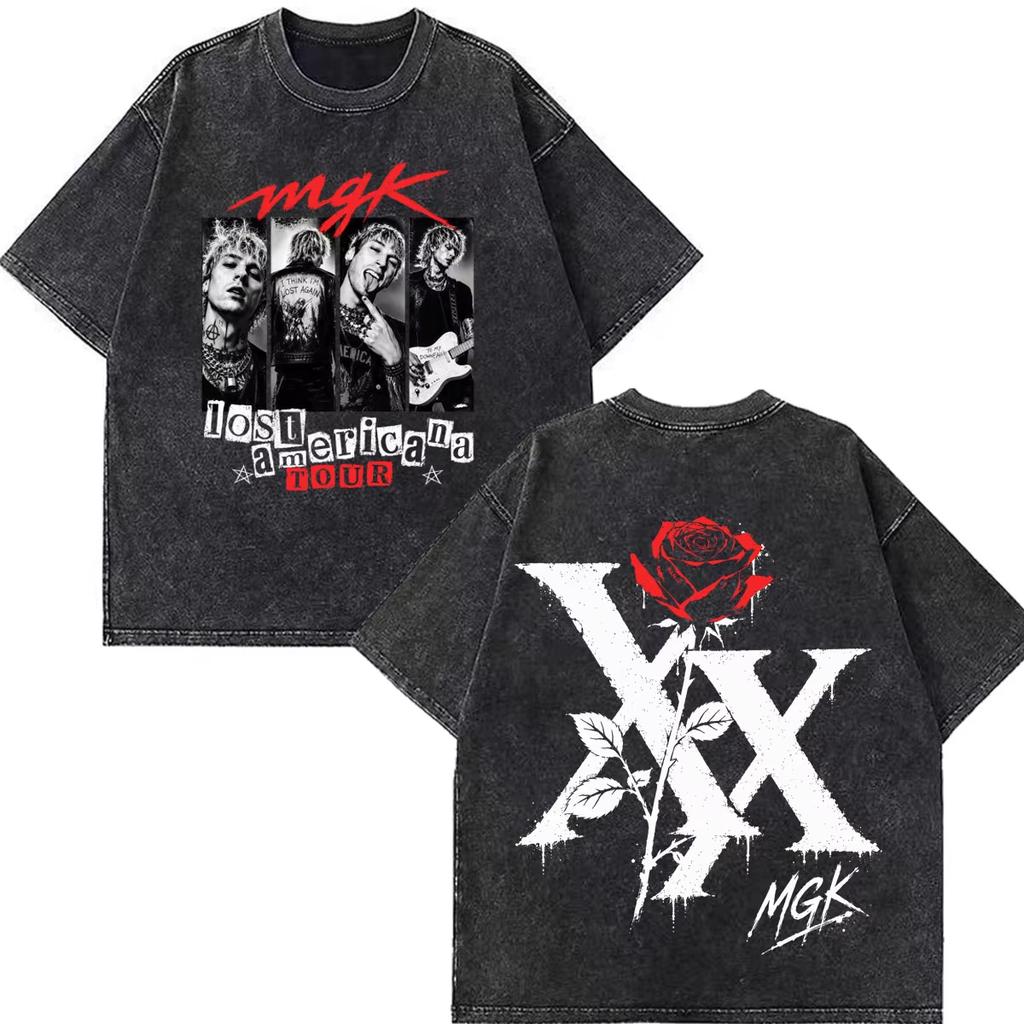 Hot Sale MGK Lost Americana Tour 2026 Print Vintage Washed T-shirt Men Women Fashion T-shirts Summer Oversized Short Sleeve Casual Clothing