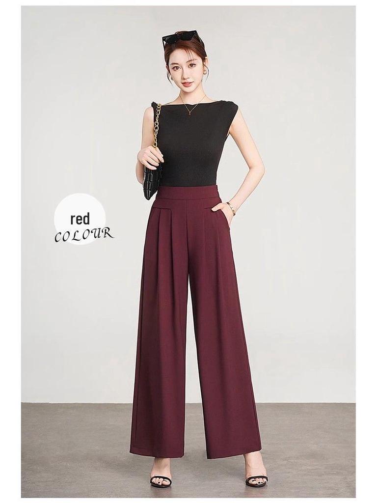 Ice Silk High-Waist Wide-Leg Pants for Women - Summer Elegant Loose Fit, Flaw-Covering Straight Leg Design