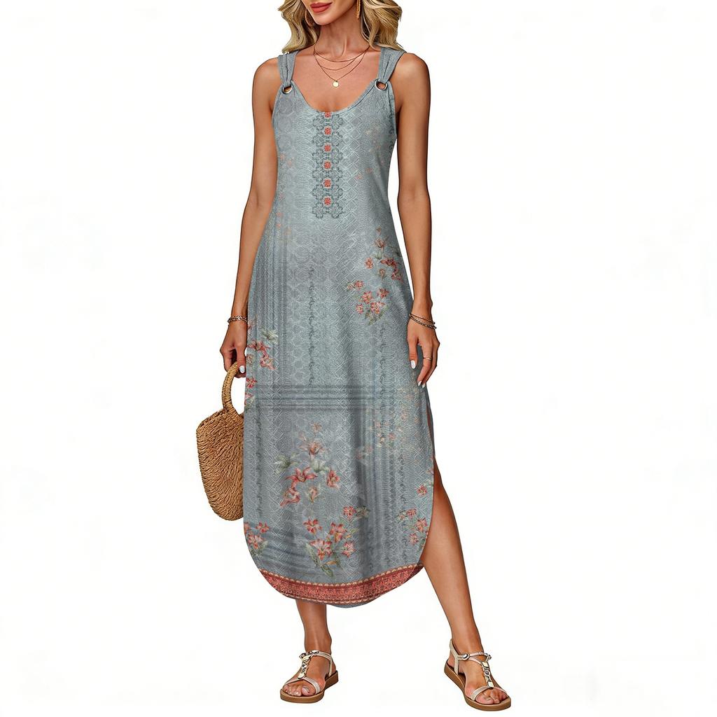 Women's summer long dress, sleeveless with side slits, long retro printed camisole dress