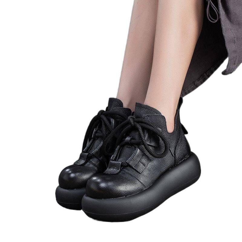 Genuine Soft Leather Martin Boots - Warm, Stylish & Versatile Retro Ankle Boots for Women, with Thick Platform Sole.