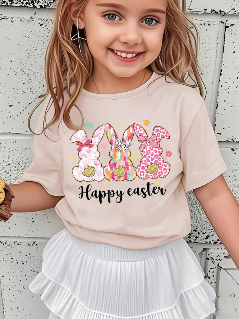 Happy Easter Shirt Kawaii Trio Bunny Kids Tees Colorful Rabbit Outfit Glitter Effect Top Toddler Spring Gift Pastel Girl Clothes