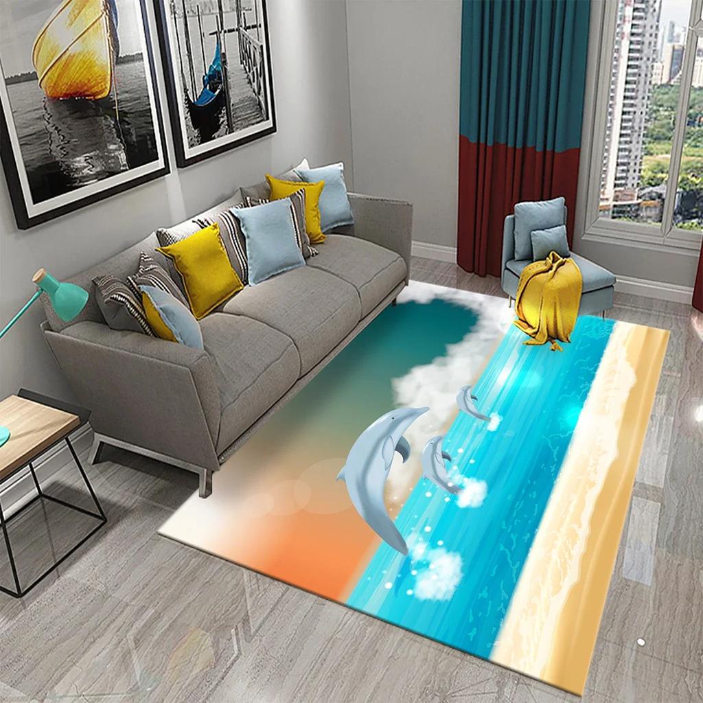 Cartoon Dolphin Carpet Cute Marine Animal Rug for Kid Bedroom Carpet Children Play Crawling Mat Bathroom Non-slip Mat Home Decor