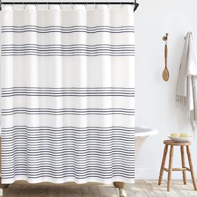 Navy Blue and White Shower Curtain for Bathroom Modern Farmhouse Striped Waterproof Fabric Shower Curtain Set with 12 Hooks