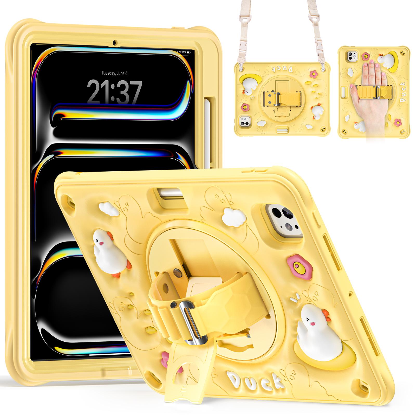 

For iPad Pro 11 (2024) Case with Shoulder Strap Duck Pattern Hand Strap Kickstand PC+Silicone+TPU Cover A