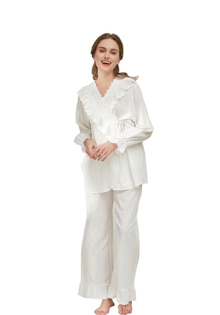 Cotton Princess Lace V-Neck Plus Size Pajama Set with Long Sleeves