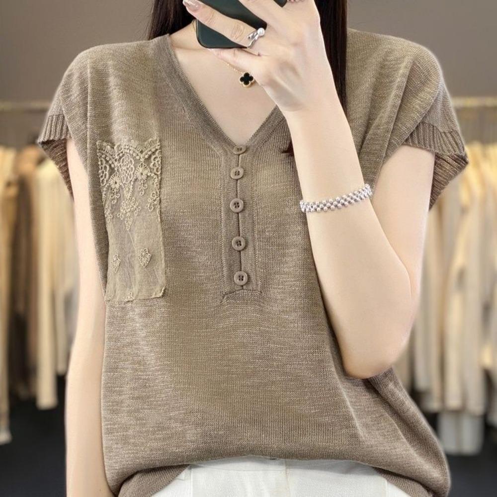 

Летняя футболка с коротким рукавом, женская, V-образный вырез, на пуговицах, тонкий топ с карманом для цветов, из бамбукового трикотажа и пеньки верблюд