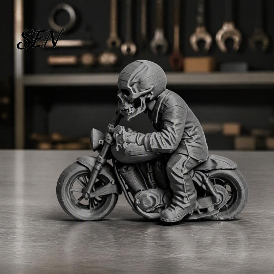 3D Printed Resin Model Skull Motorcycle Rider Statue, Cool Gothic Biker Skeleton Halloween Party Decoration Figurine, Motorbike Sculpture Desktop Car