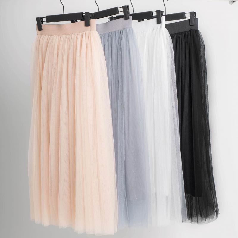 Elastic Waist 3 Layers Mesh Long Tulle Skirts Elegant Vintage High Waist Ball Gown Gauze Tutu Skirt Female Faldas