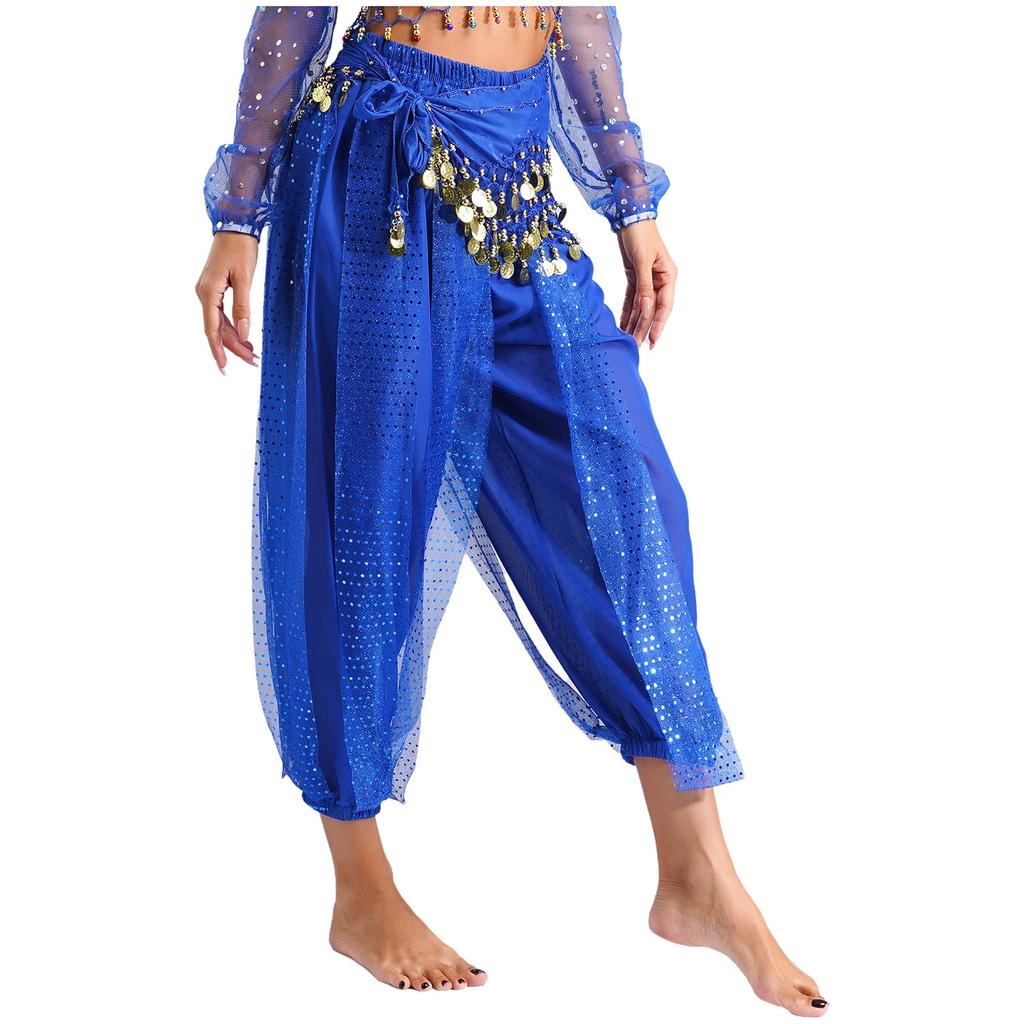 Damen Bauchtanz Bloomers Haremshose Elastischer Bund Paillettenbesetzte Schicht Schnürung Hüfttuch Halloween Kostüm