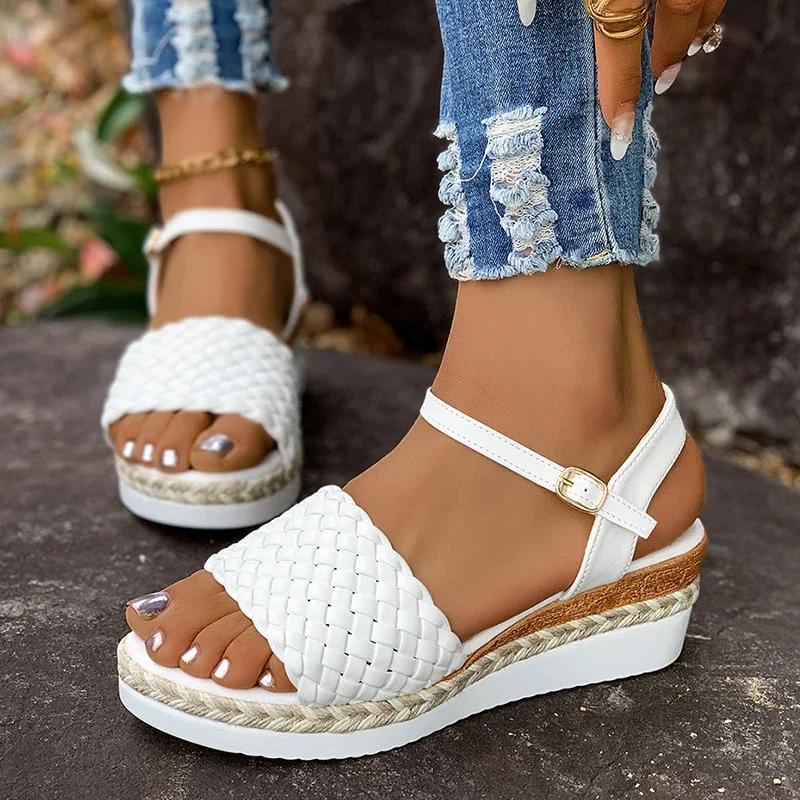 Fashion Women Shoes White Woven Straps Wedges Sandals Women Summer Plus Size Platform Gladiator Sandals Woman Ankle Buckle Beach Sandles