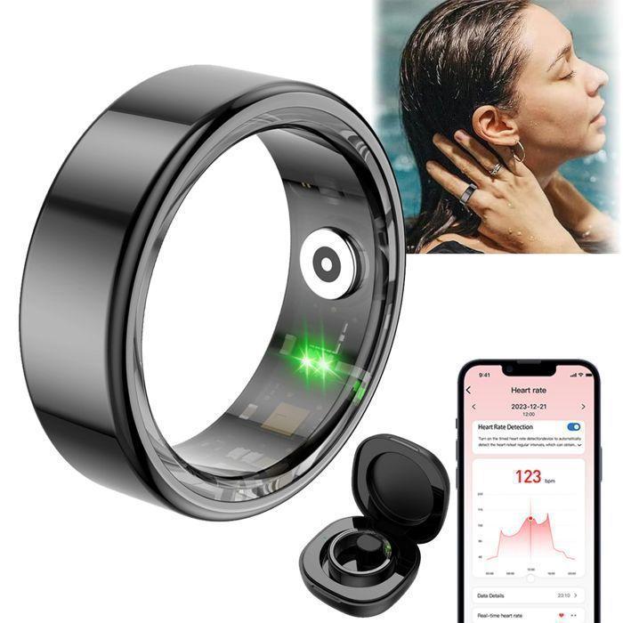 Bague Connectée Homme Femme, Smart Ring Intelligente Bluetooth Sommeil/Fréquence Cardiaque/SpO2 Étanche Android iOS, Taille 8, Noir
